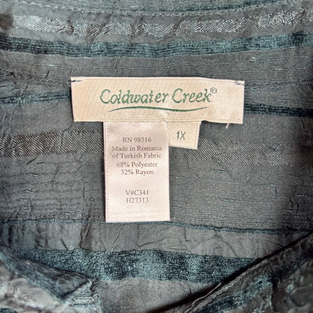 Coldwater Creek Womens 1X Green Crinkle Velvet Stripe Button Down Blouse - Picture 2 of 8